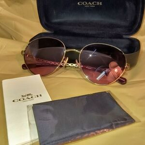 COACH Light‎ Gold & Reddish Brown Women's Aviator Sunglasses with Case (HC7114)